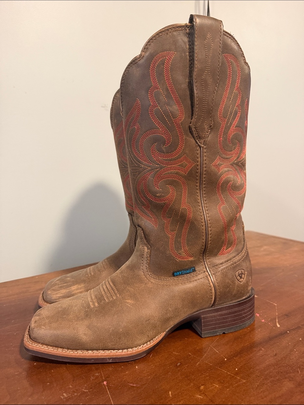 Ariat Brown Suede Cowboy Boots with Red Stitching